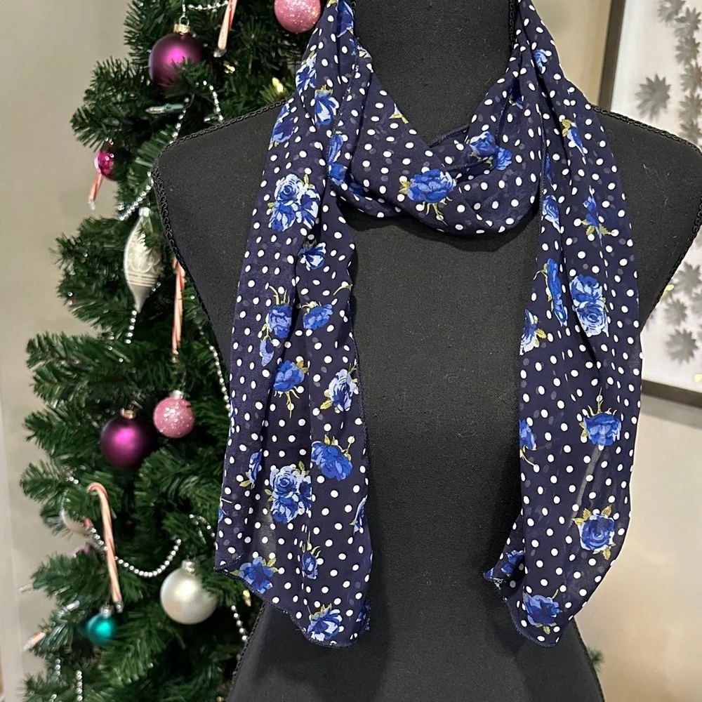 *BLUEBERSI* Blue x White Floral x Polka Dot Sheer Fashion Scarf